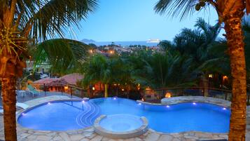 Outdoor pool, pool umbrellas, pool loungers