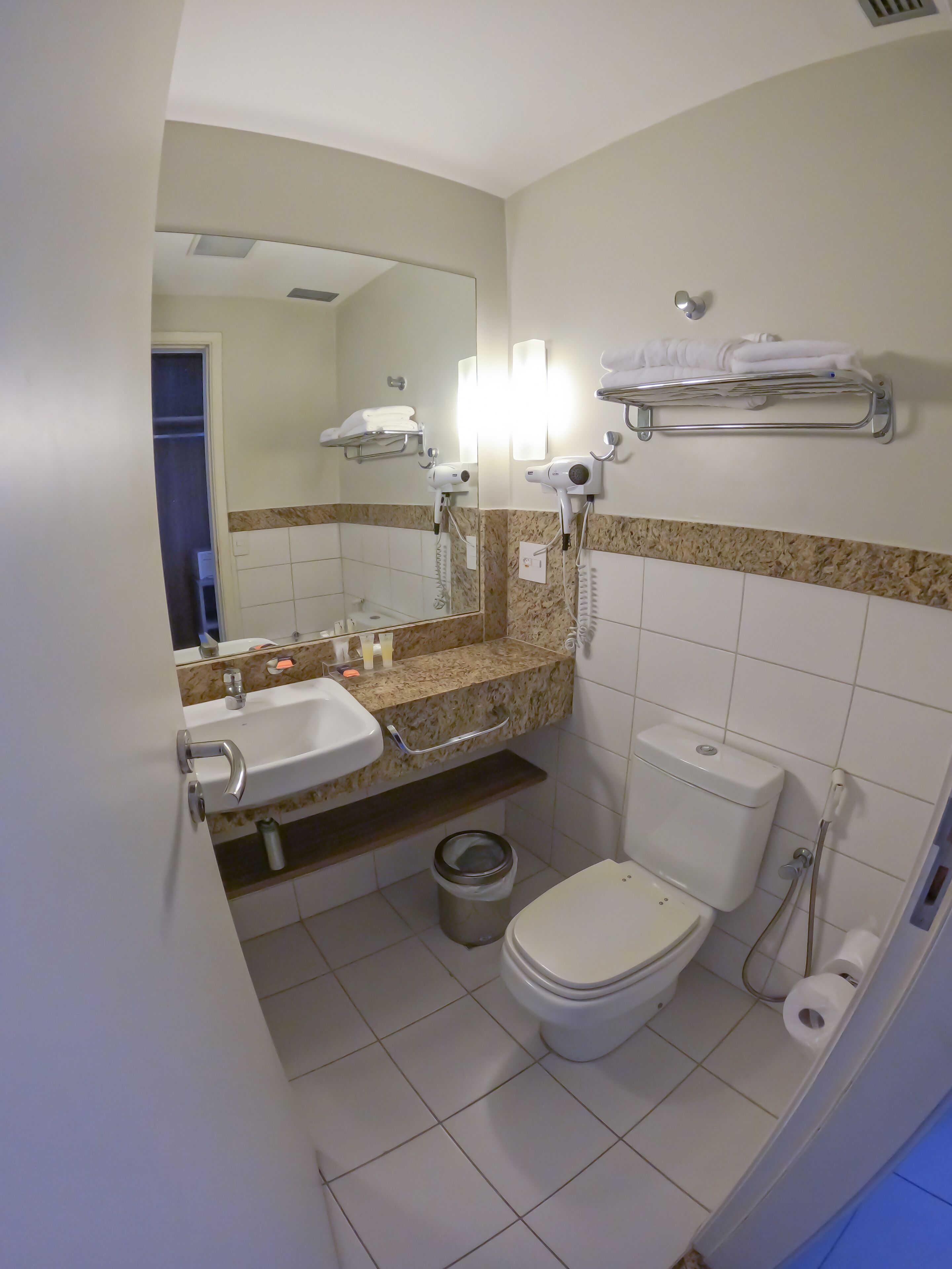 A bathroom with a sink, mirror, towel rack, toilet, and a trash bin.