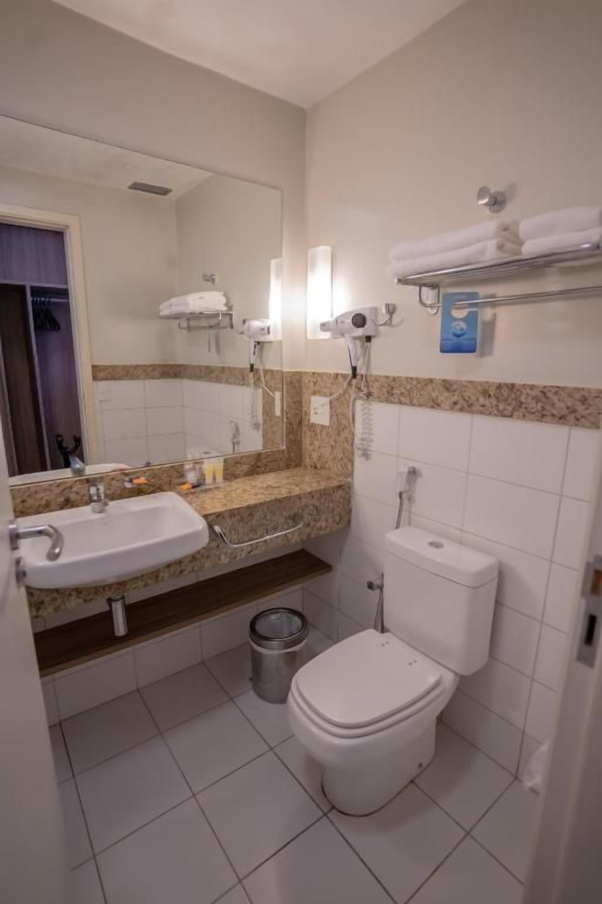 A bathroom with a sink, toilet, and a mirror.