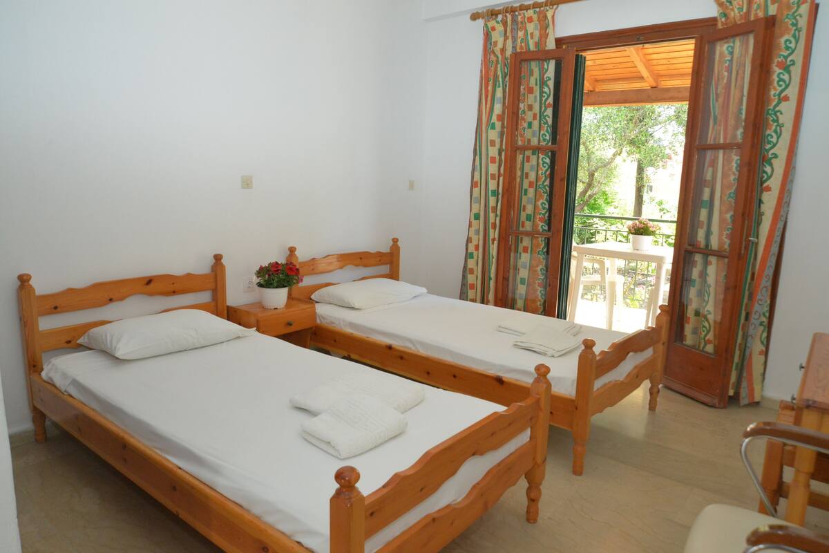 A room with two wooden beds, white linens, a small table with a potted plant, and a balcony with a railing.