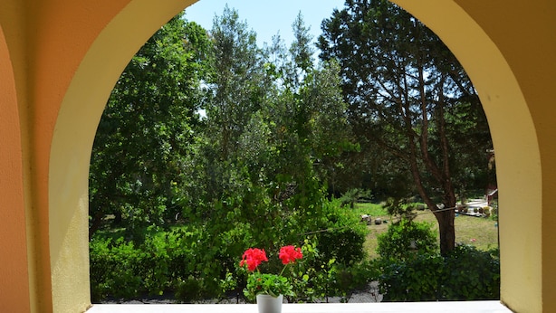 Una finestra con cornice bianca e arco giallo, da cui si scorge un giardino con vegetazione verde e una vasca bianca con fiori rossi.