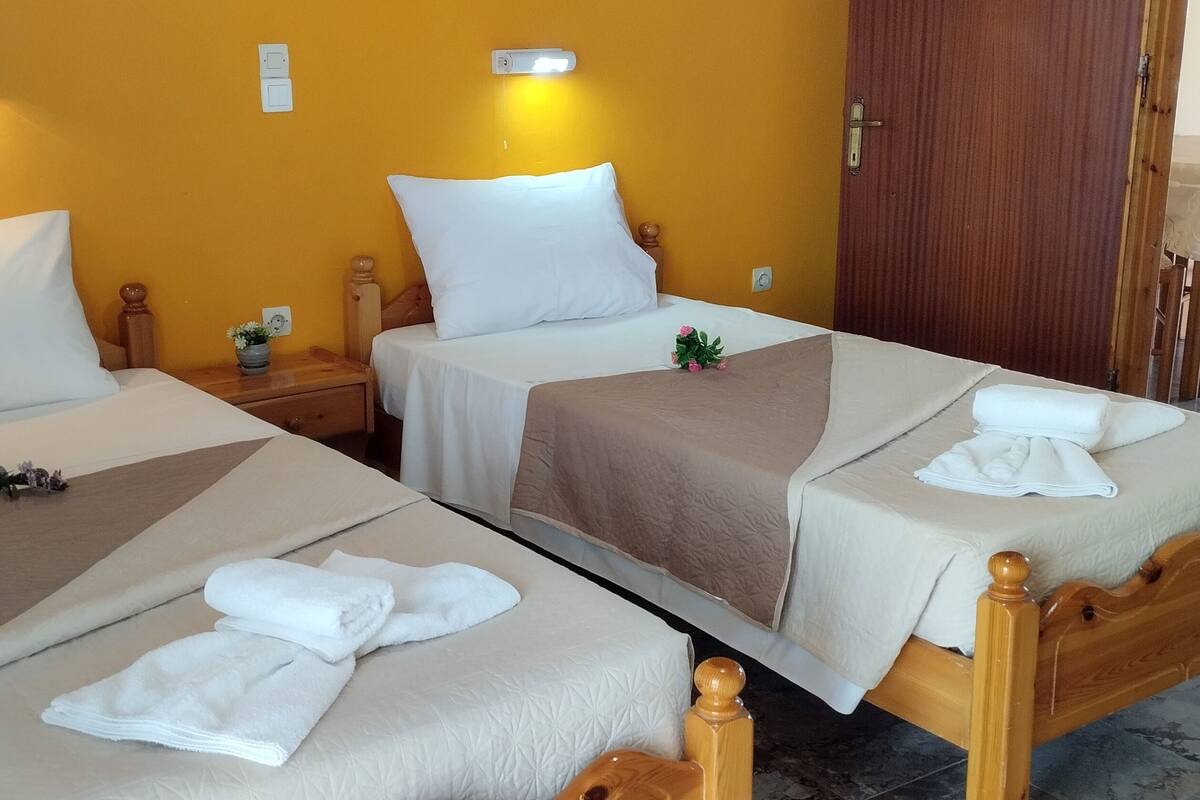 Two single beds with wooden headboards, white bedding, and a small table with a vase of flowers between them.