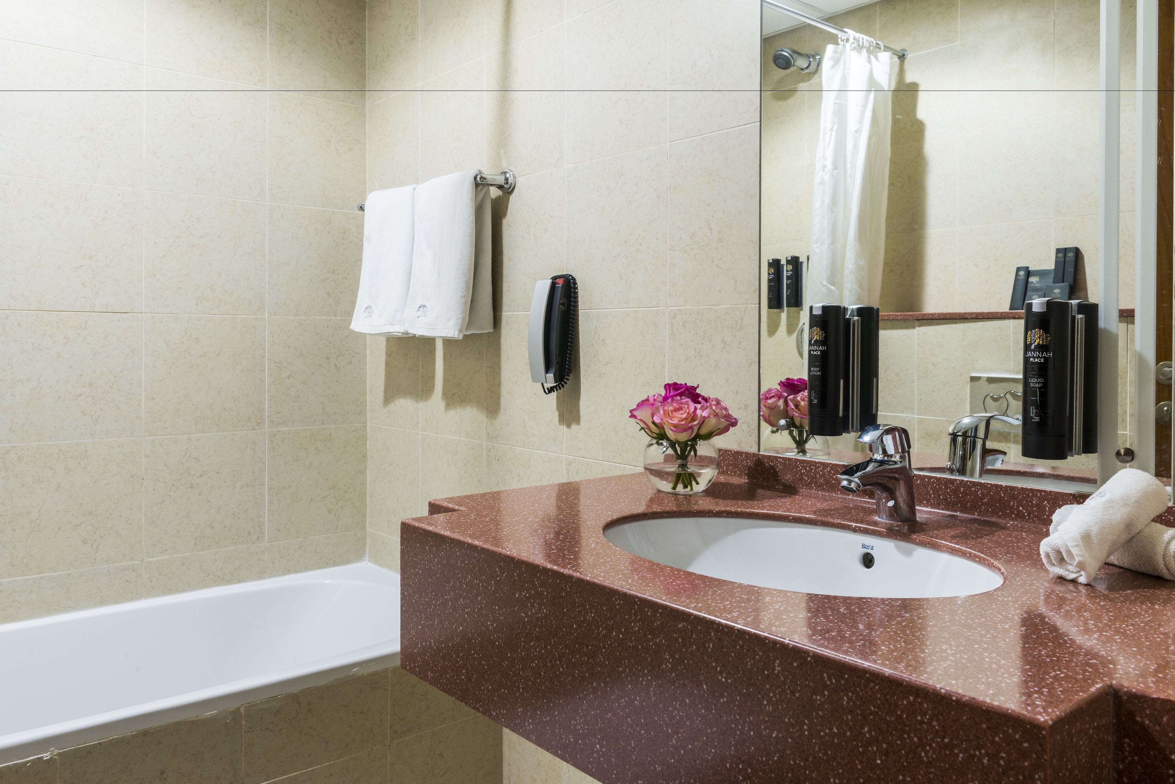 Une salle de bain avec un lavabo en marbre, un miroir, un porte-serviettes et un rideau de douche.