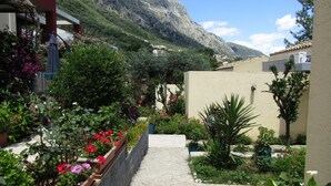 A narrow pathway flanked by lush flower beds and greenery, leading to a building with a mountain backdrop. - Barbati Beach Apartments (Corfu)