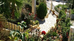 Zona residencial con un sendero pavimentado, una palmera y un edificio con tejado de baldosas al fondo.
