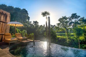 A private pool with lounge chairs and an umbrella, surrounded by lush greenery and a wooden structure.