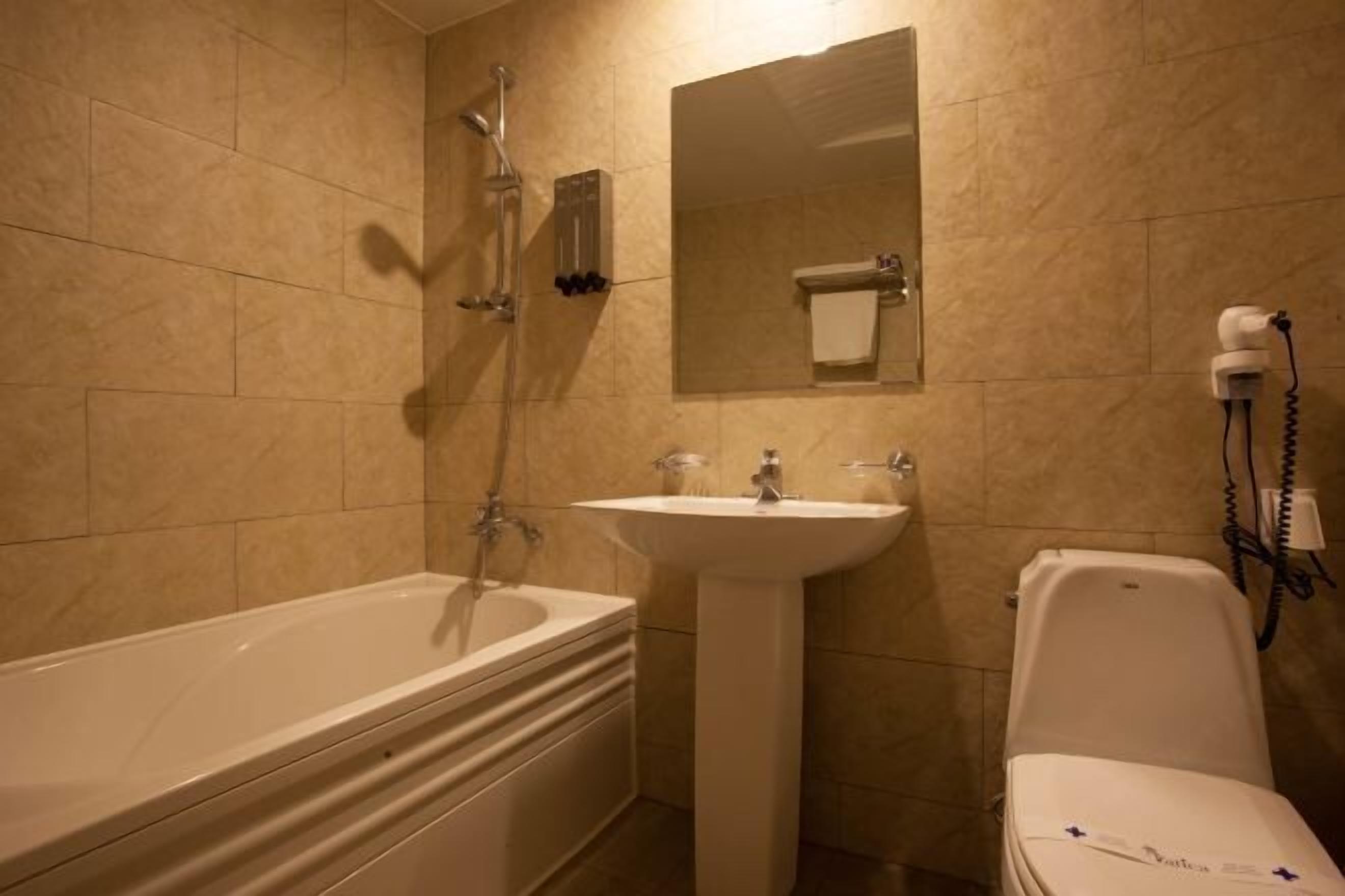 Combined shower/tub, hair dryer, bathrobes, slippers