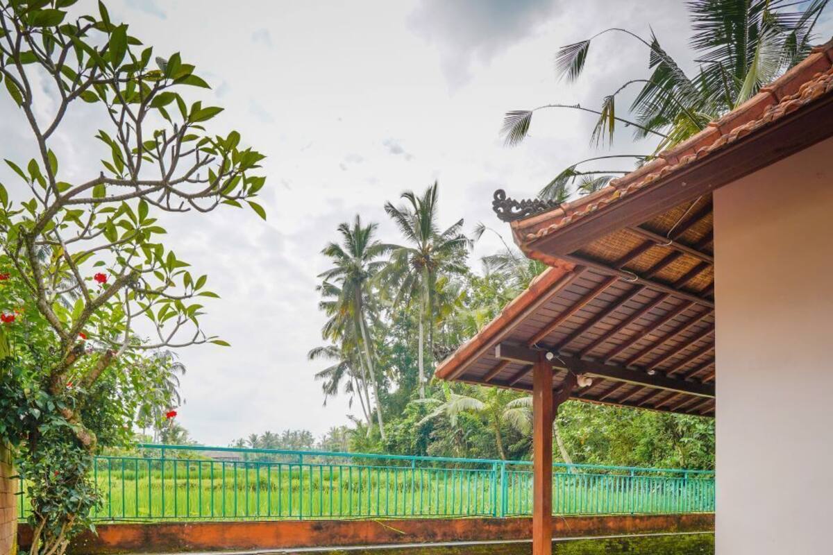 An outdoor dining area with a table set for a meal, surrounded by a lush garden and a view of a green field.