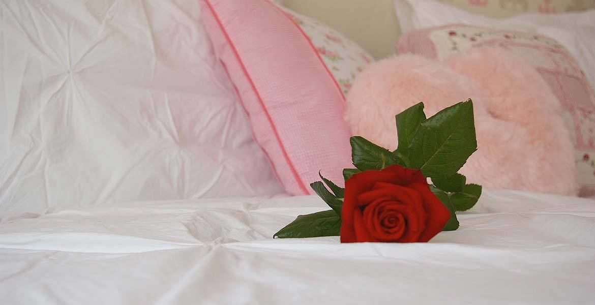 A bed with a white sheet, a pink pillow, and a red rose.