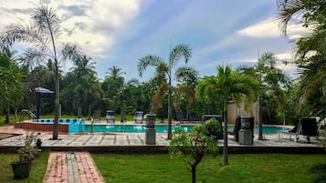 A swimming pool with lounge chairs and palm trees.