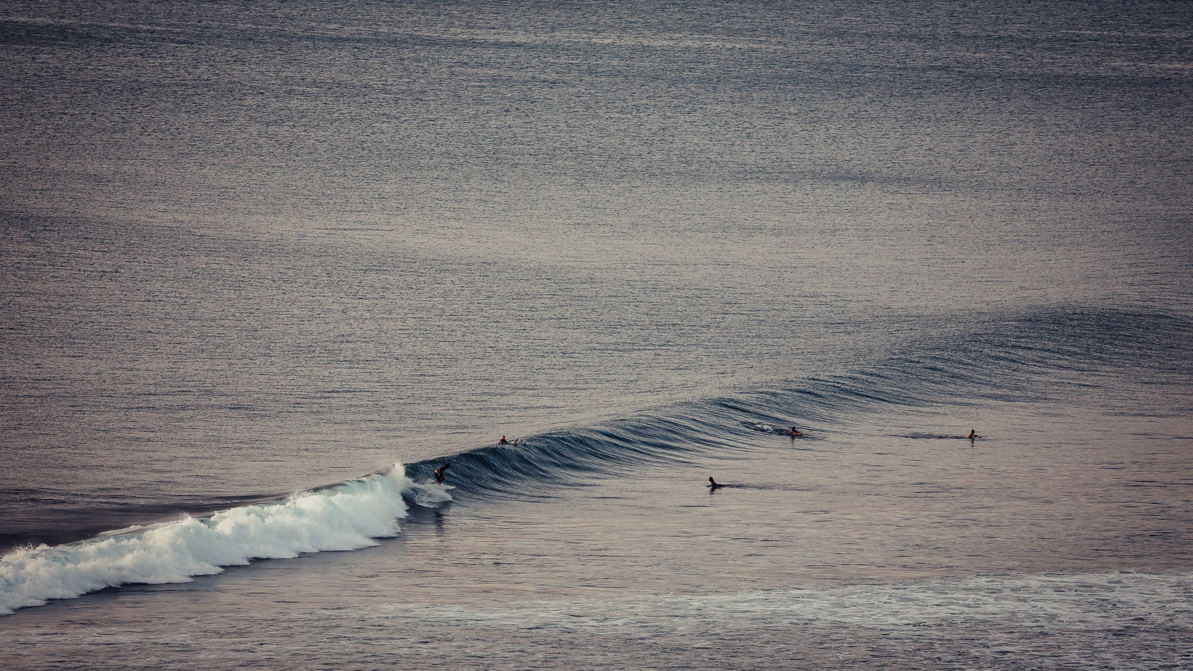 A large body of water with waves and a few people in the distance.