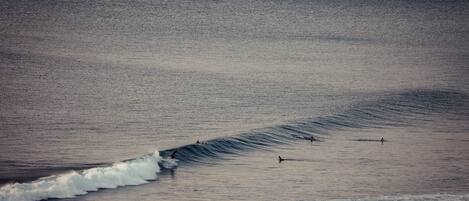 A large body of water with waves and a few people in the distance.