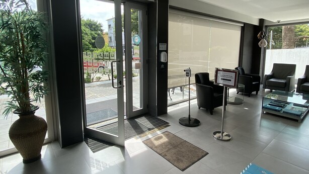 Un vestíbulo de hotel moderno con una planta grande en maceta, un mostrador de recepción y un área de descanso con sofás y una mesa de centro.