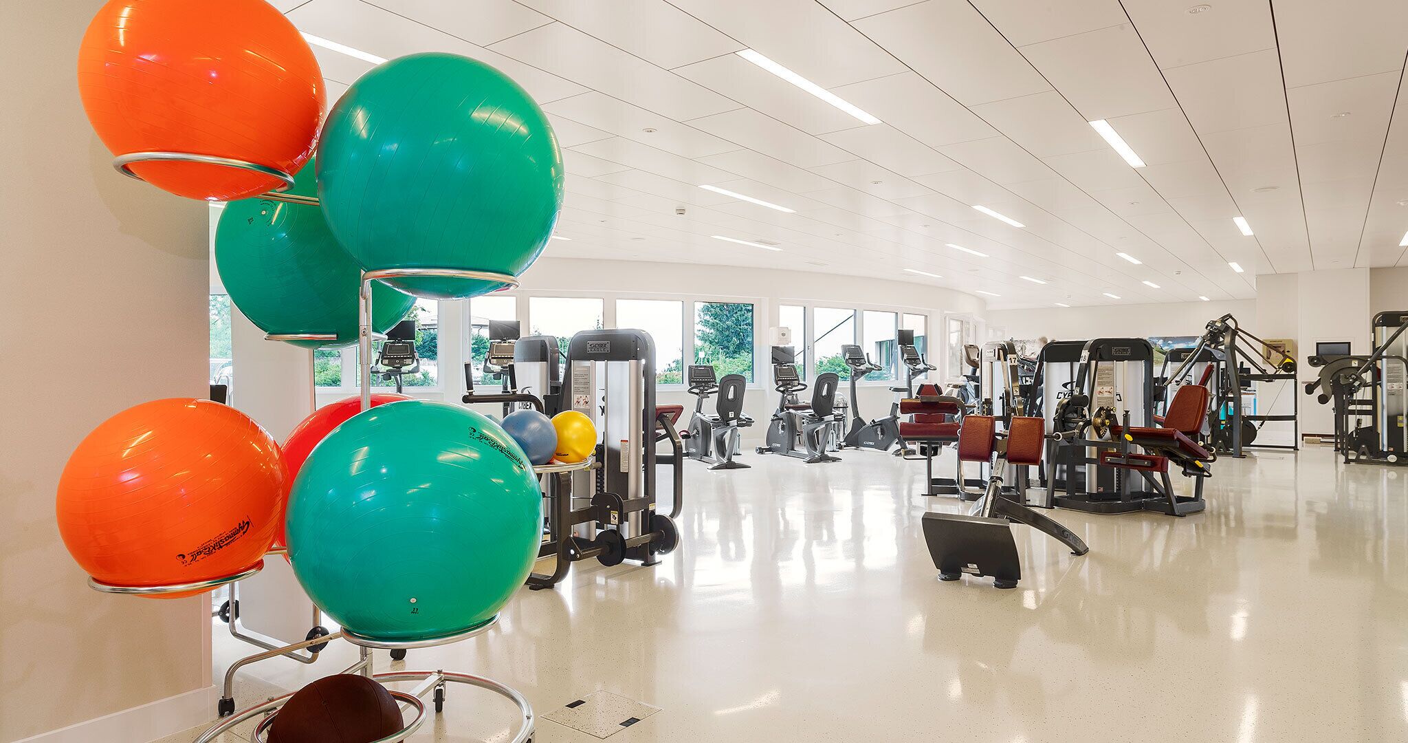 A gym with exercise equipment, large windows, and colorful exercise balls.