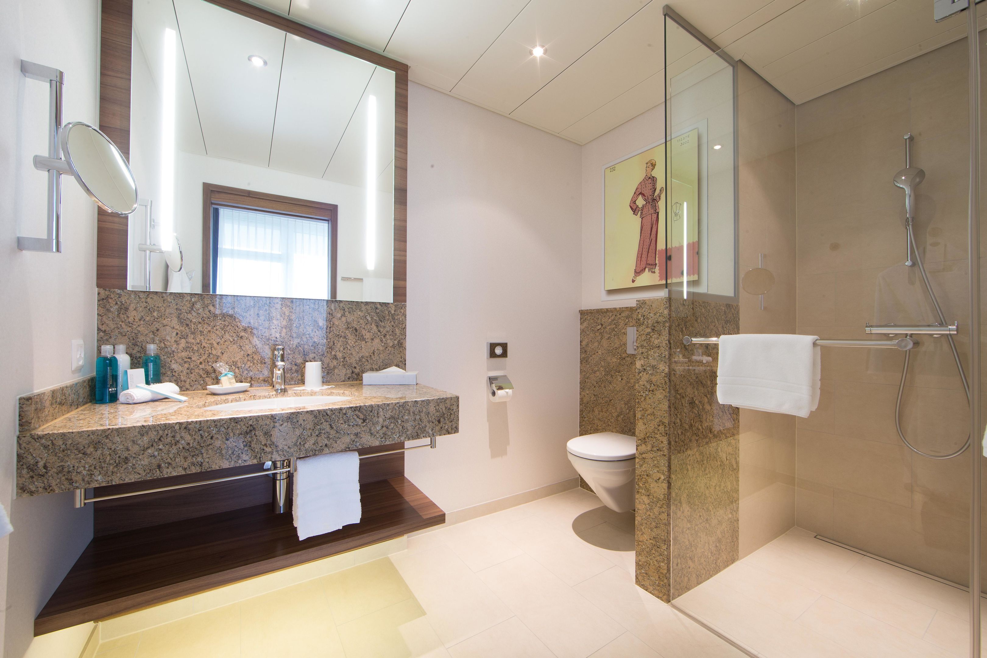 A modern bathroom with a granite countertop, a glass-enclosed shower, and a toilet.