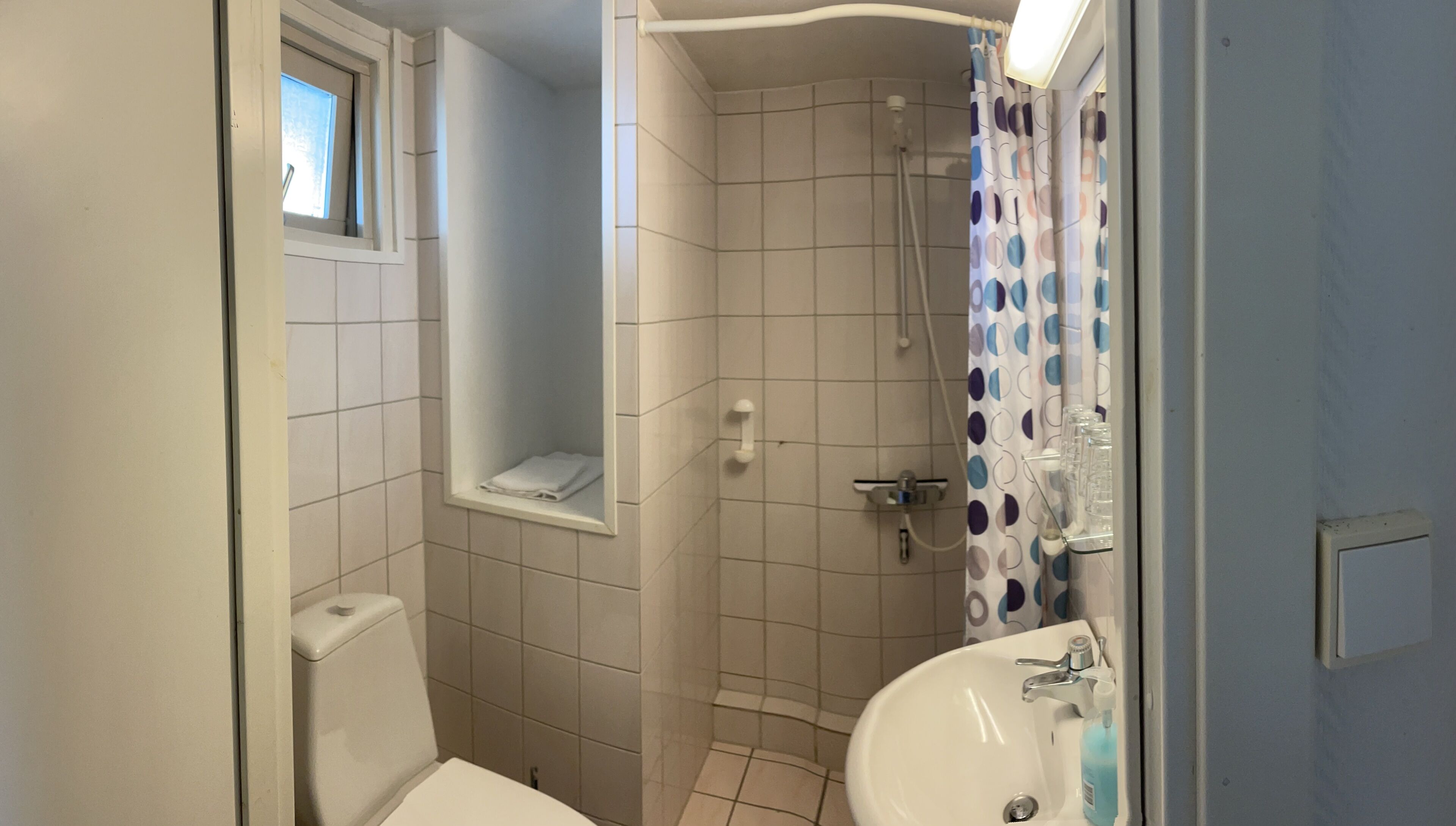 Een badkamer met toilet, wastafel, douche en raam.