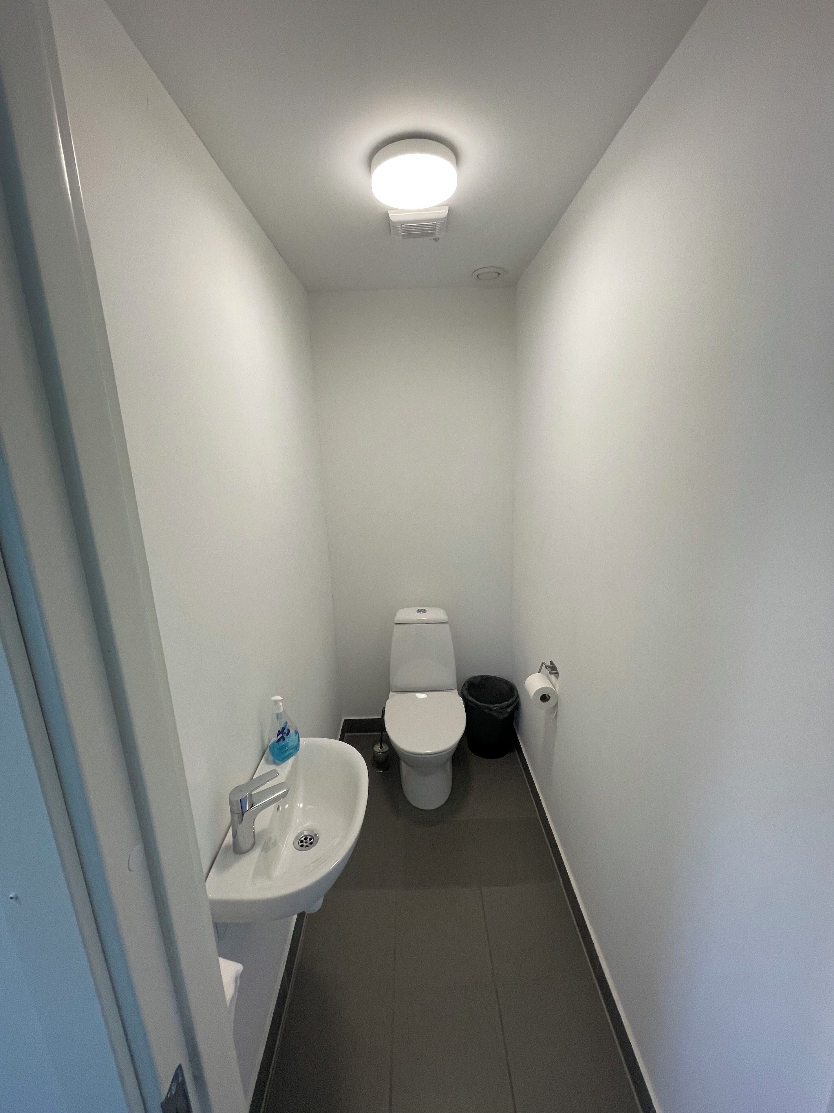 Une petite salle de bain étroite, équipée de toilettes, d’un lavabo et d’une poubelle.