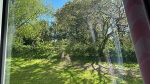 A view through a window of a grassy area with trees and a clear blue sky. - Fleninge Classic Motel (Fleninge)