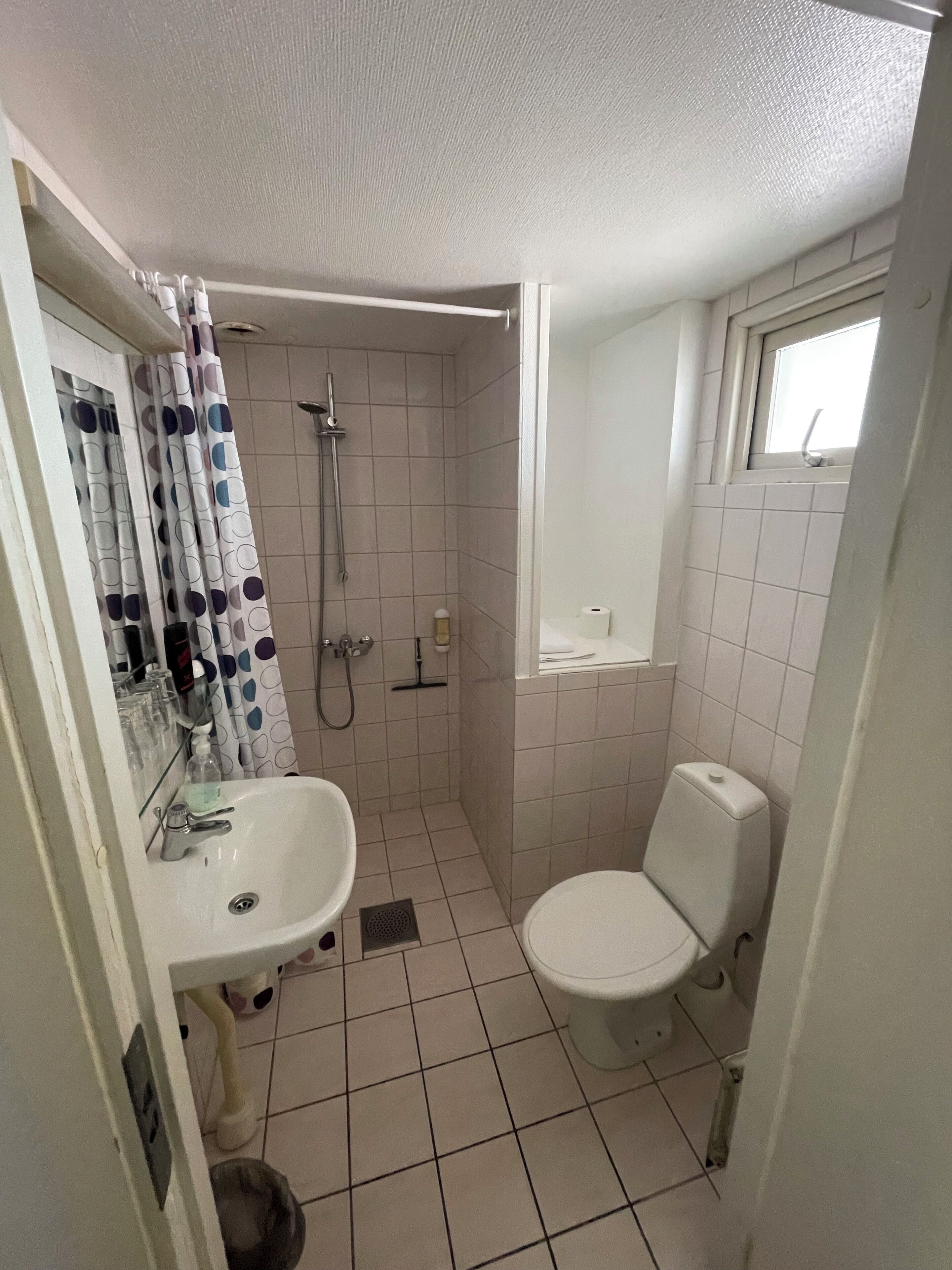 A small bathroom with a toilet, sink, and shower.