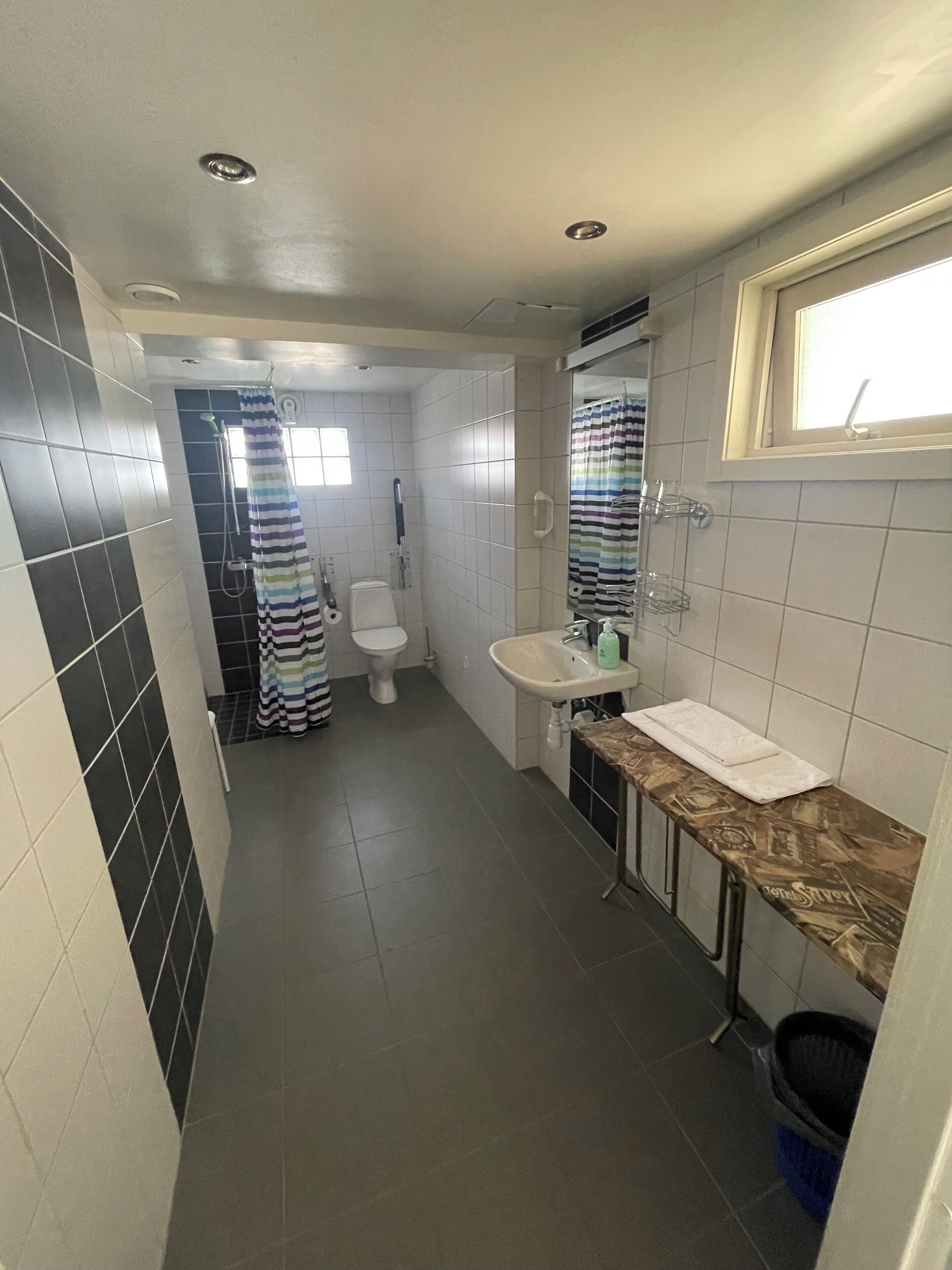 A bathroom with a sink, toilet, and shower area.