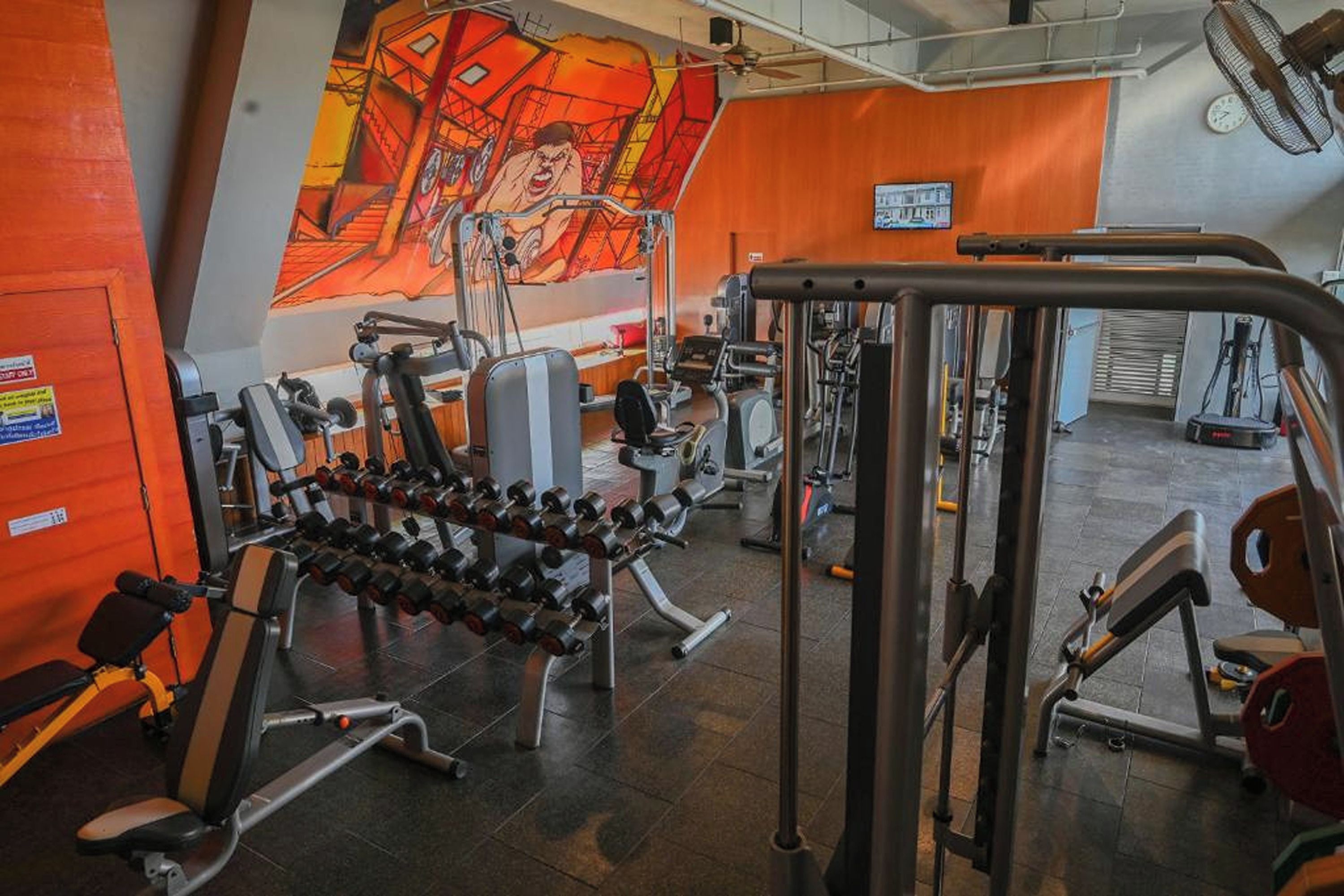 A gym with various exercise equipment, including dumbbells and weight machines.