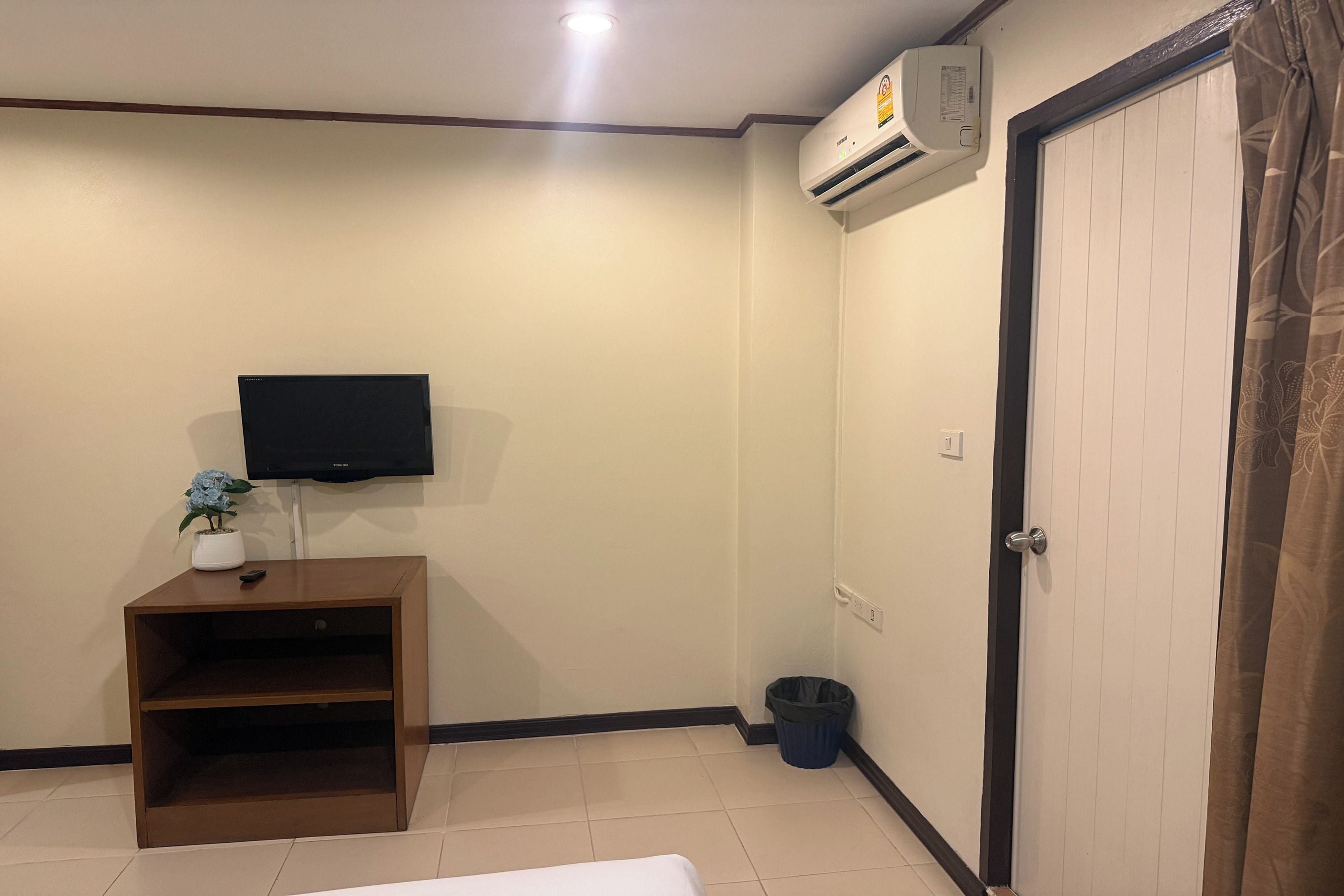 A hotel room with a television on a wooden stand, a potted plant, a trash bin, and a door with a curtain.