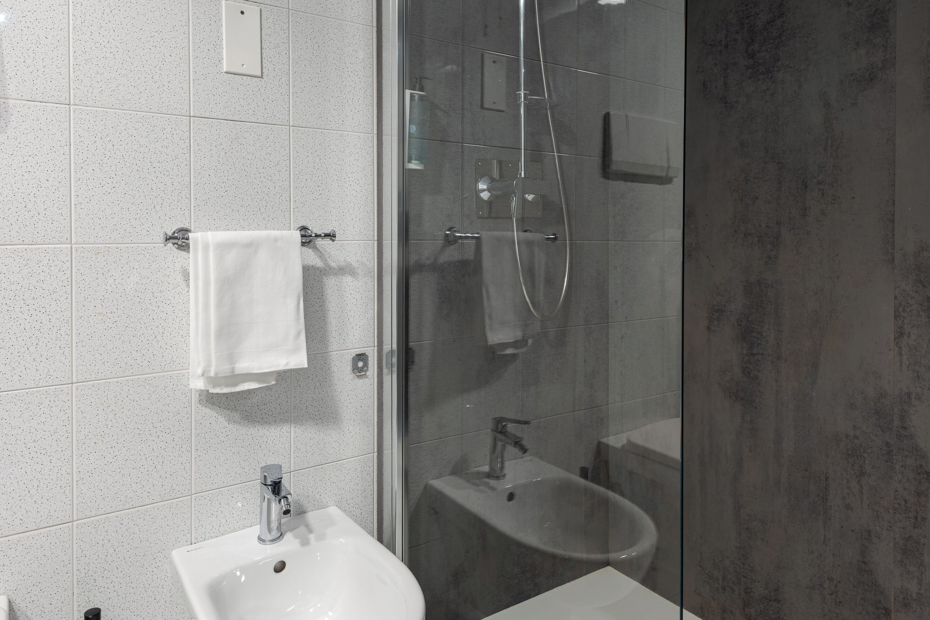 A modern bathroom with a glass-enclosed shower, a pedestal sink, and a bidet.