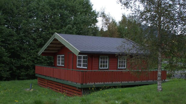 A red wooden cabin with a green porch, surrounded by grass and trees. - Sjøholt Camping (Ålesund)