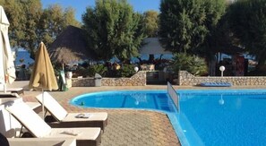 Alberca al aire libre por temporada y sombrillas en la alberca