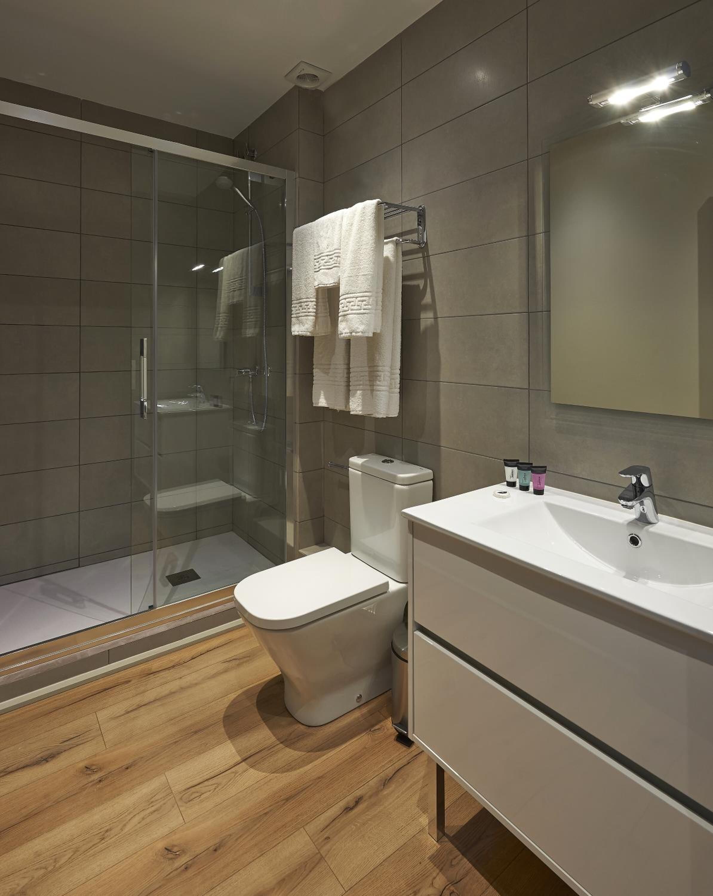 shower, free toiletries, hair dryer, towels