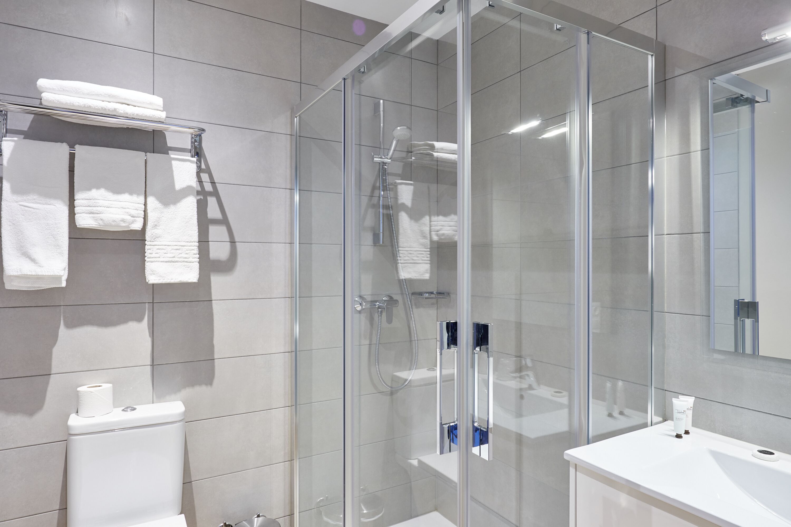 A modern bathroom with a glass-enclosed shower, a toilet, and a sink with a mirror.