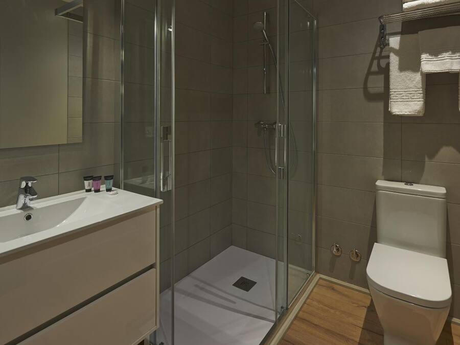 Un baño moderno con ducha de vidrio, lavamanos blanco y un inodoro.