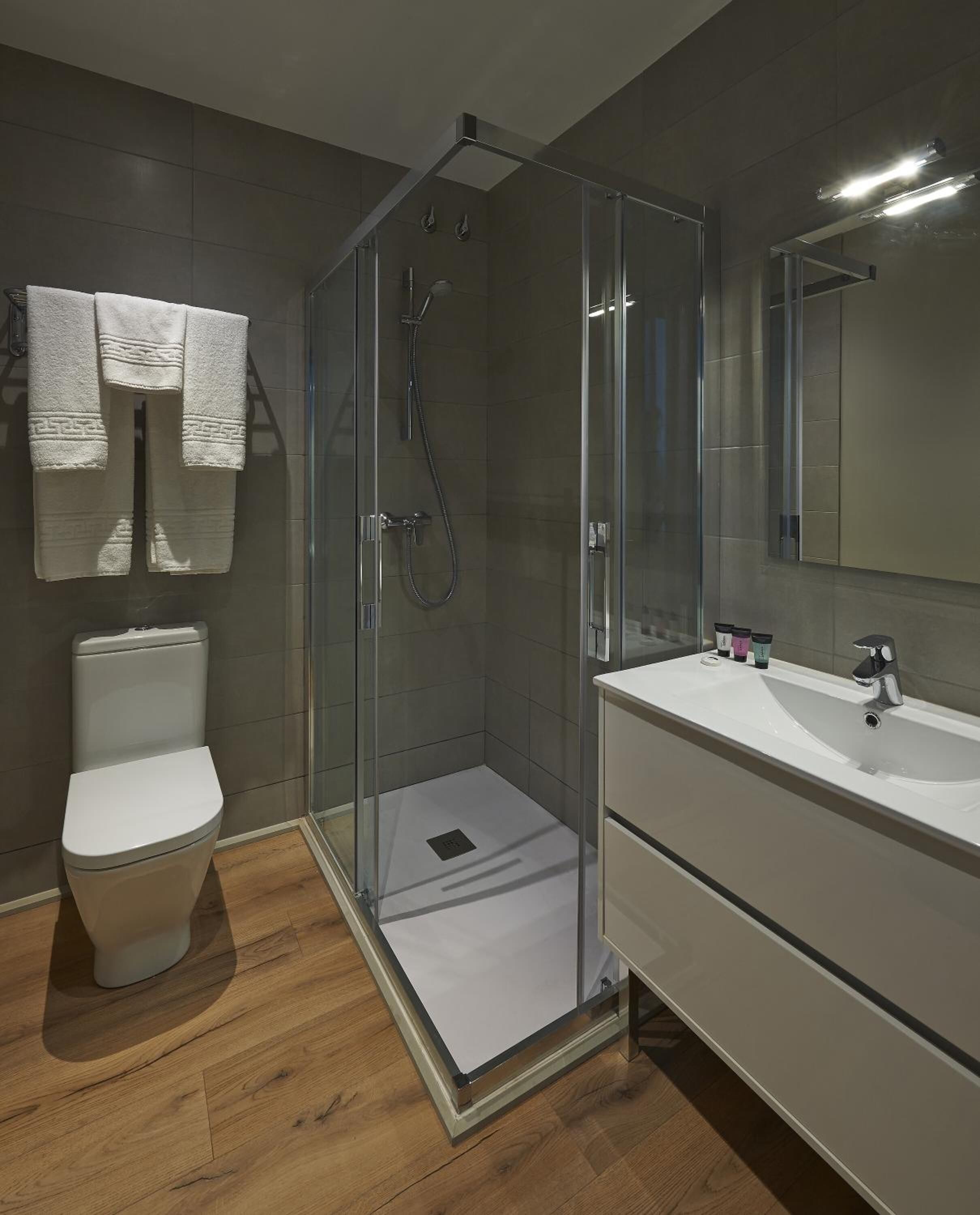 A modern bathroom with a glass-enclosed shower, a white toilet, and a vanity with a mirror.