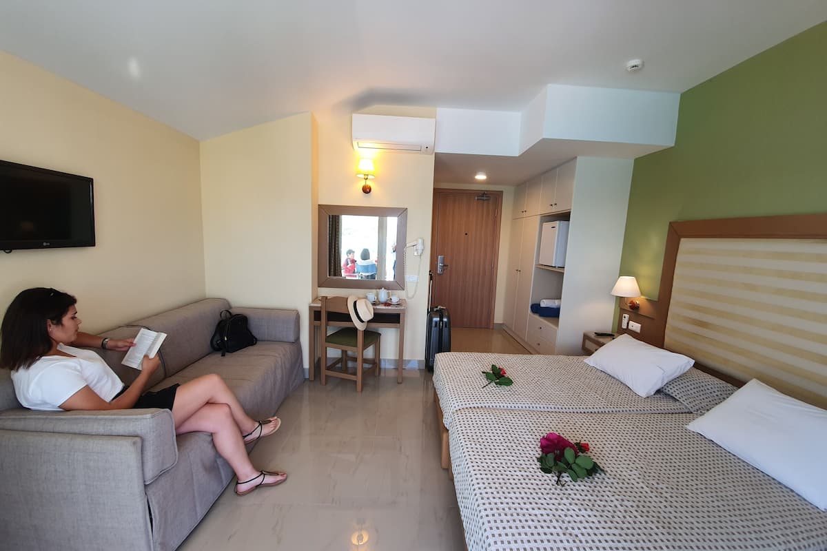 A hotel room with a sofa, a desk, a bed, and a mirror.