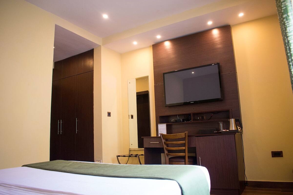 A hotel room with a bed, a desk, a chair, a television, and a wardrobe.