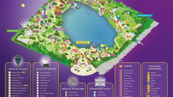 A detailed map of a theme park with various attractions and facilities.