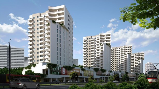 A modern urban area with high-rise residential buildings, a tram, and a bus. - ActivPark Apartments (Katowice)