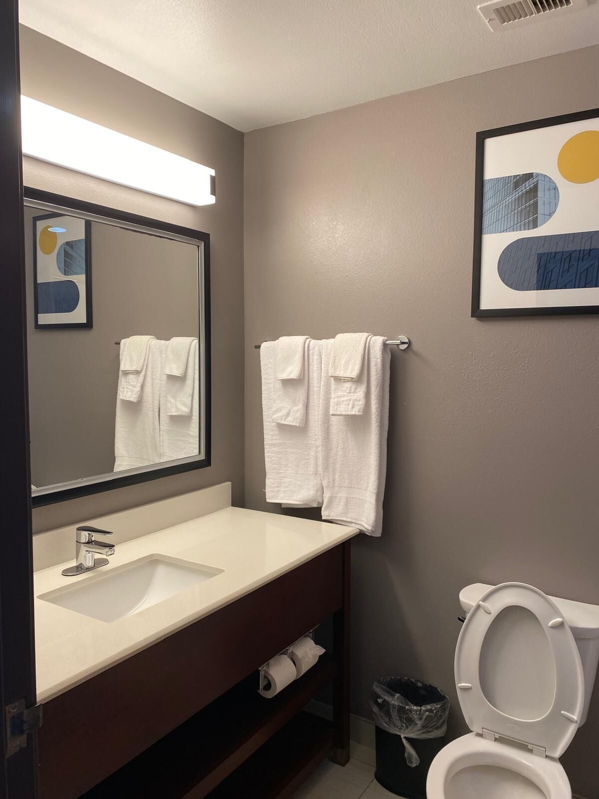 Une salle de bain équipée d’un lavabo, d’un miroir, de serviettes, de toilettes et d’une poubelle.