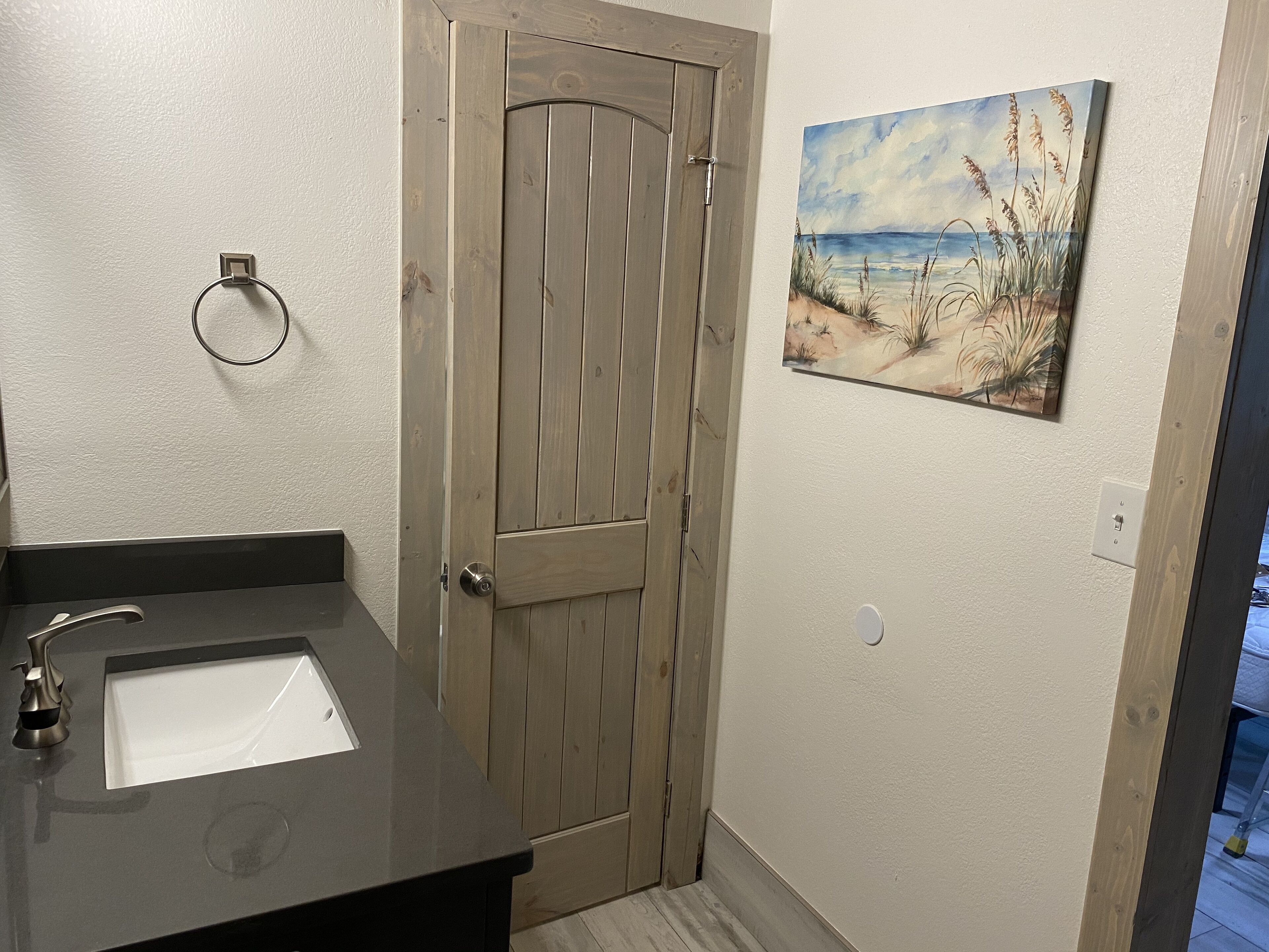 Um banheiro com porta de madeira, pia e quadro de uma praia.