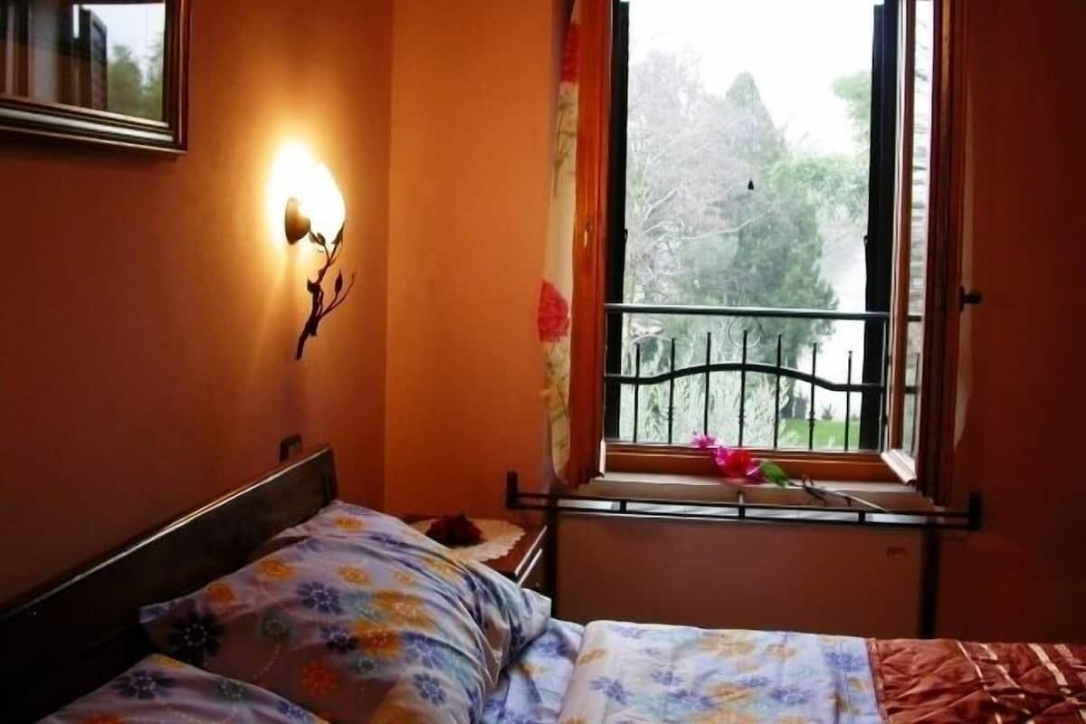 Een slaapkamer met een bed, een nachtkastje, een wandlamp, een raam met uitzicht op bomen en een balkonhek.