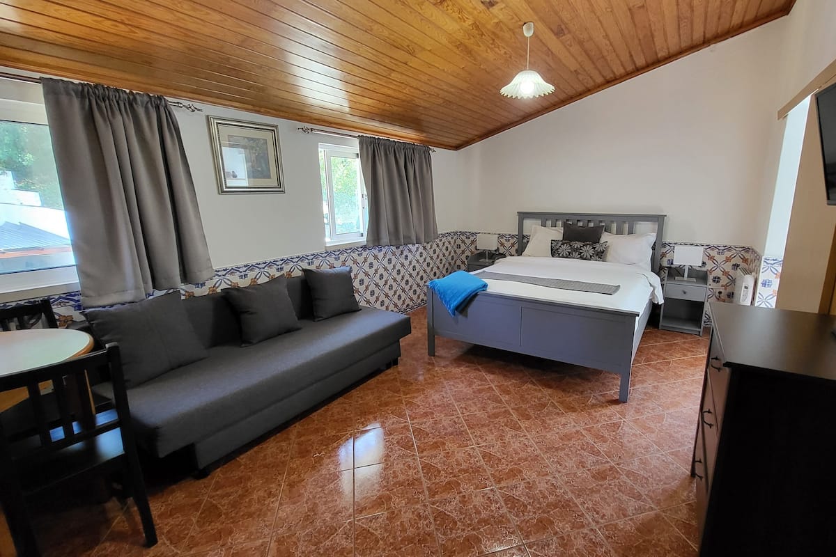 Estudio familiar, 1 cama matrimonial y sofá cama, cocina | 1 habitación, decoración personalizada, muebles diferentes y escritorio