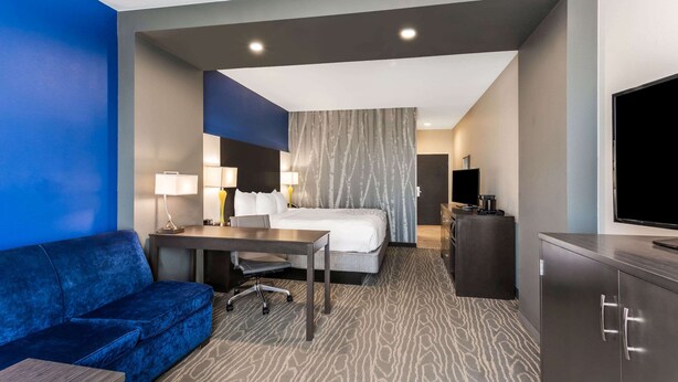 Una habitación de hotel con una cama, un escritorio, un sofá azul, un televisor y un armario.