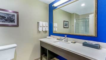 Combined shower/bathtub, free toiletries, hair dryer, towels