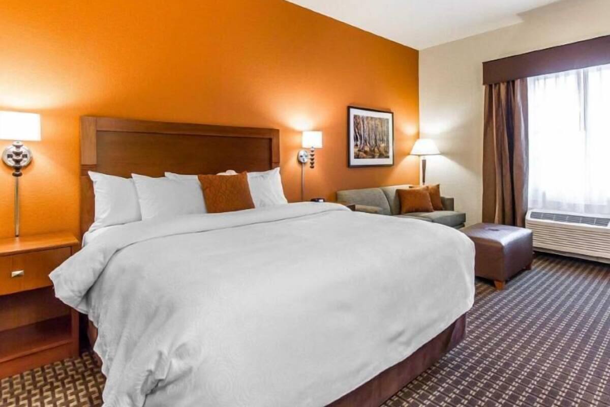 A hotel room with a large bed, a sofa, a desk, and a picture on the wall.