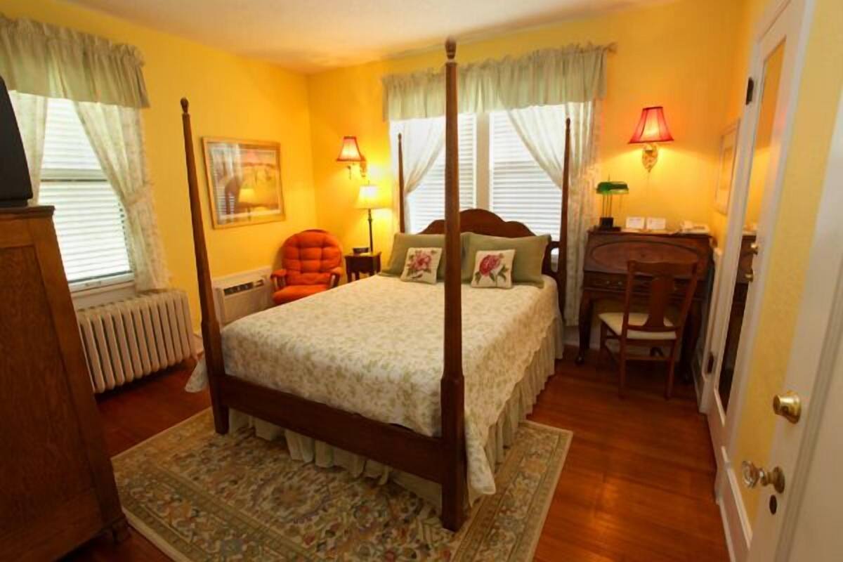 Une chambre à coucher avec un lit à baldaquin, un bureau avec une chaise et un radiateur.