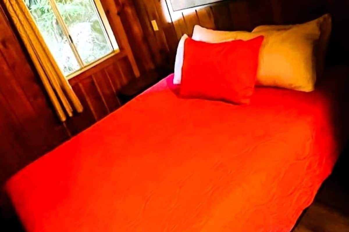 A bed with a red bedspread and two pillows in a room with wooden walls and a window.