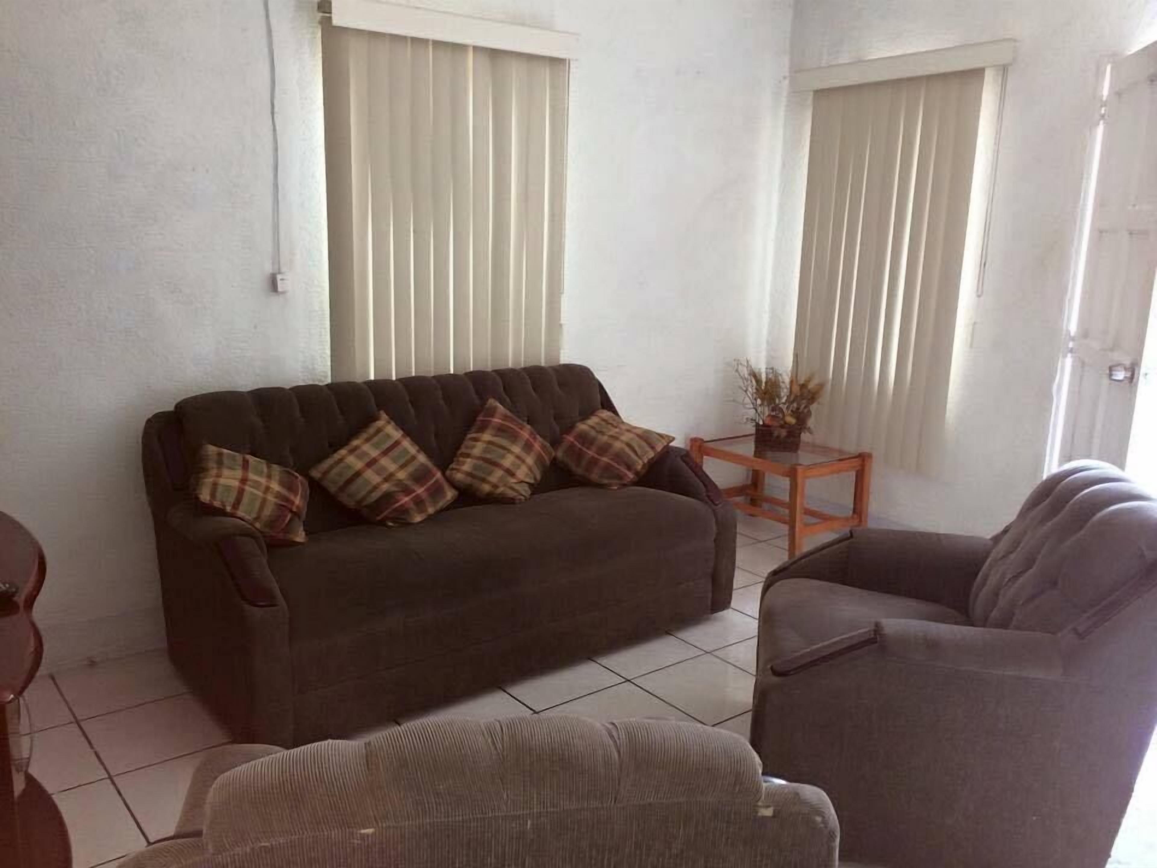 Een woonkamer met een donkerbruine bank, twee geruite kussens, een klein houten bijzettafeltje met een plant en een grijze fauteuil.