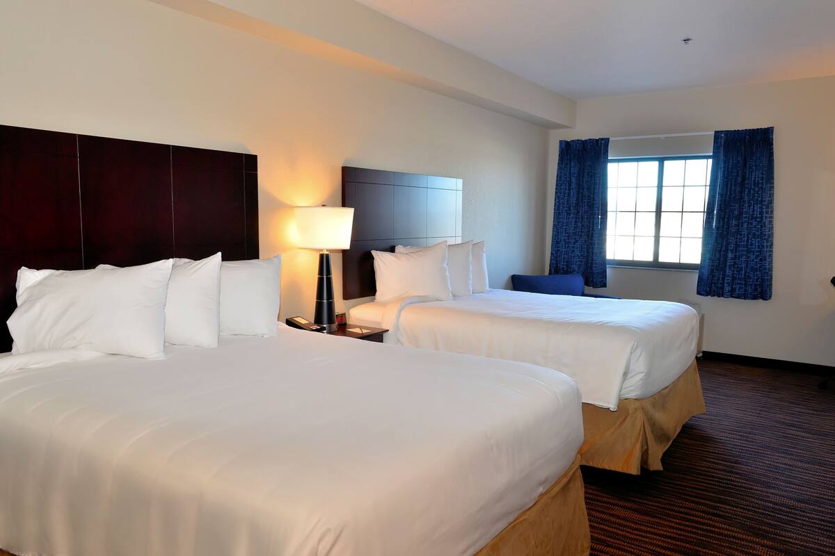 A hotel room with two beds, a nightstand with a lamp, a headboard, a window with curtains, and a carpeted floor.