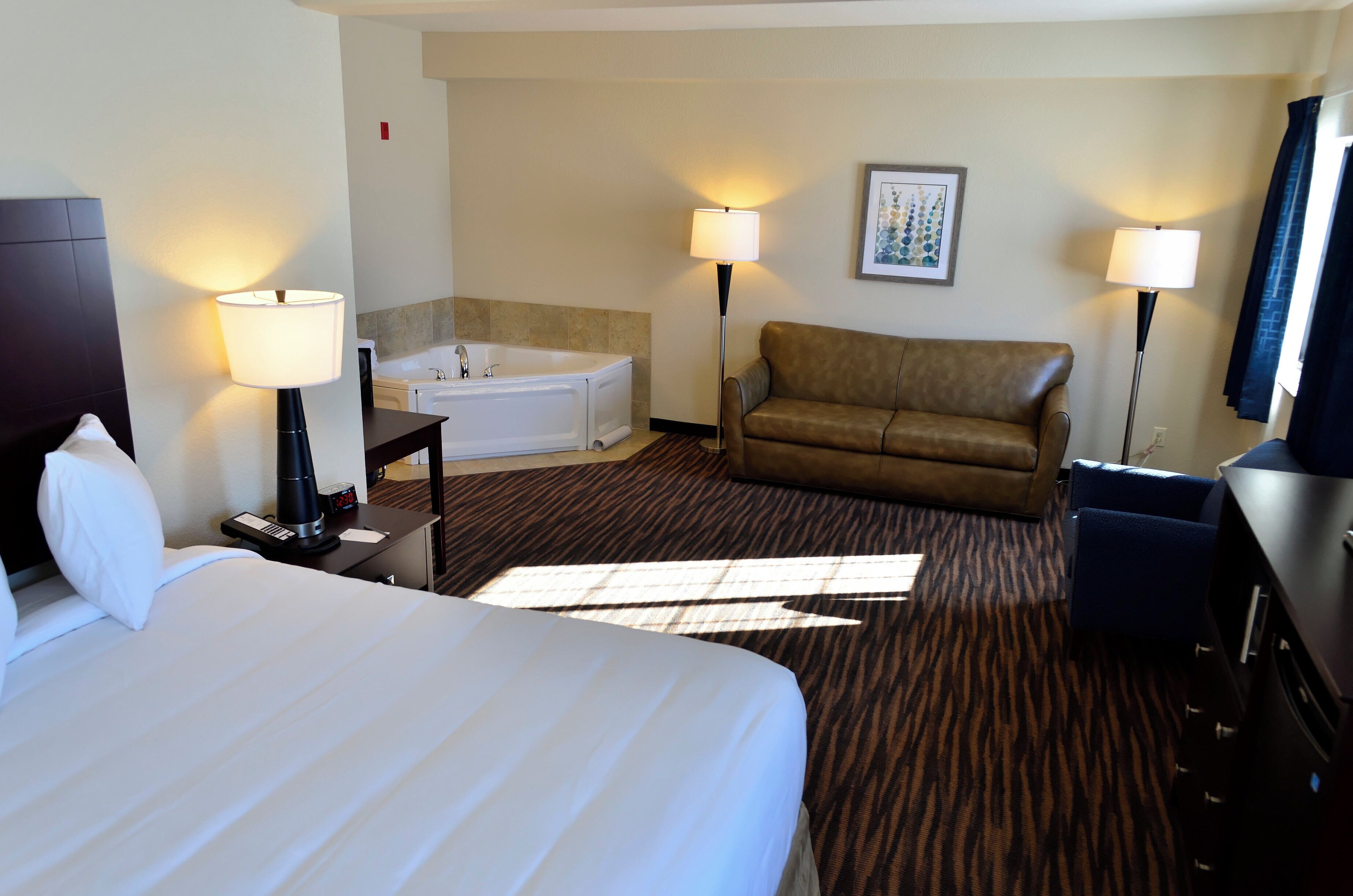 A hotel room with a bed, a sofa, a desk, a lamp, a bathtub, and a framed picture on the wall.