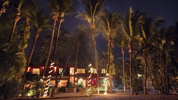 A modern building with multiple floors, surrounded by palm trees. - Laguna del Cocodrilo (Tamarindo)